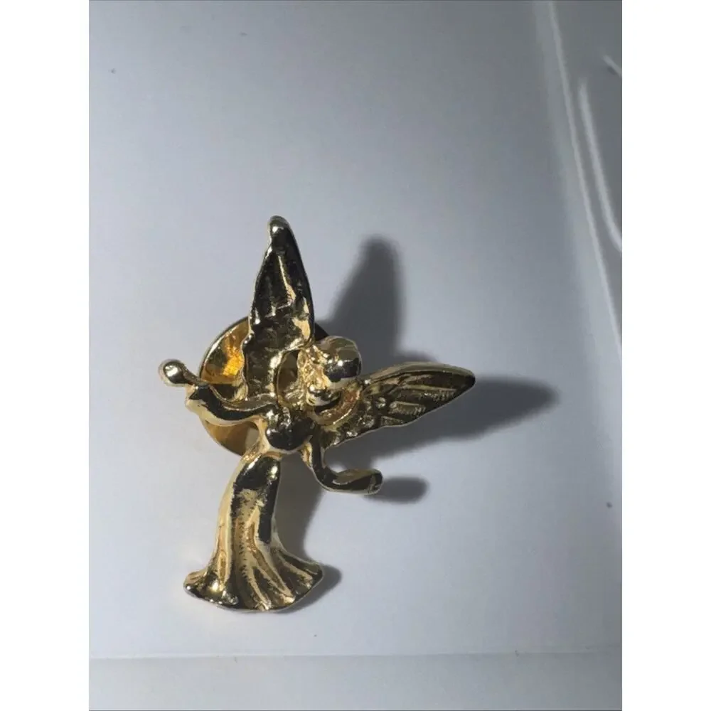 Vintage Guardian Angel Lapel Pin Gold Shirt Hat Collar Push Back Back Brooch